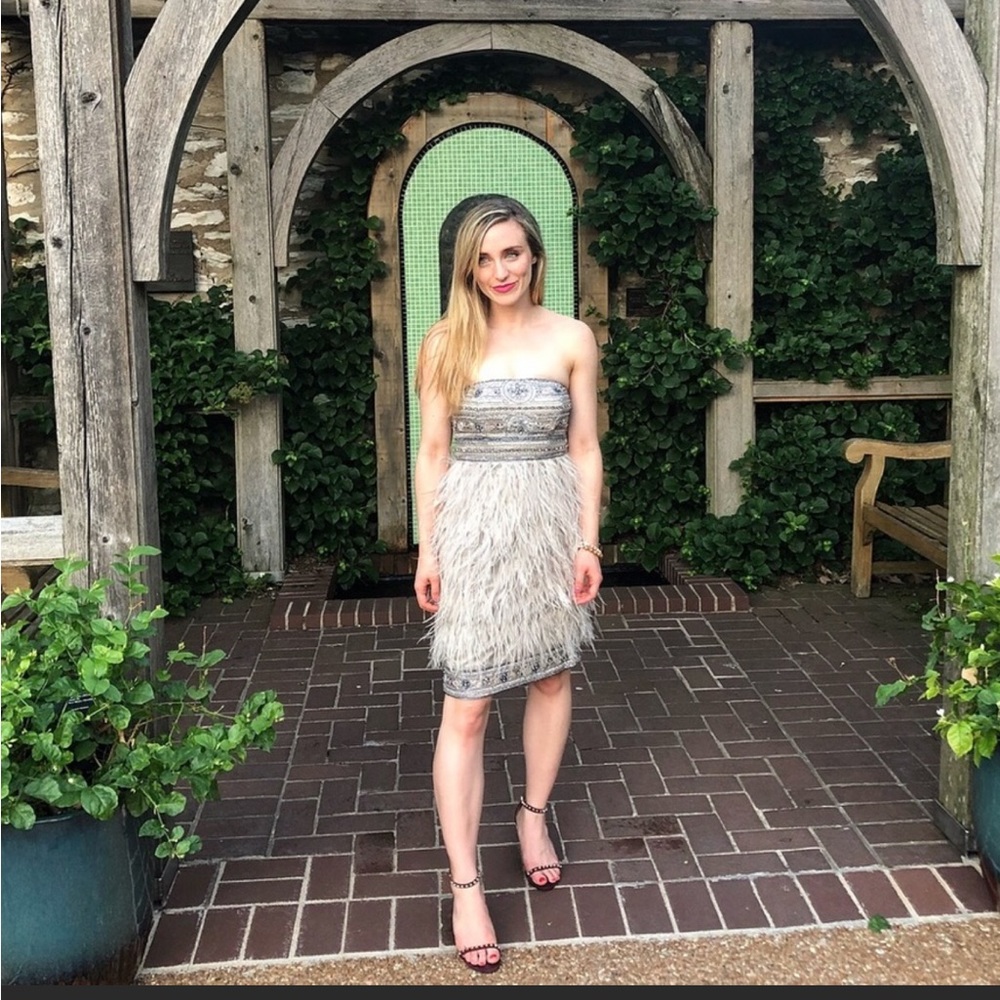 Sue Wong Silk Ombre Ostrich Feather Sequin Jewel 💎 Gray Taupe Super Chic Dress